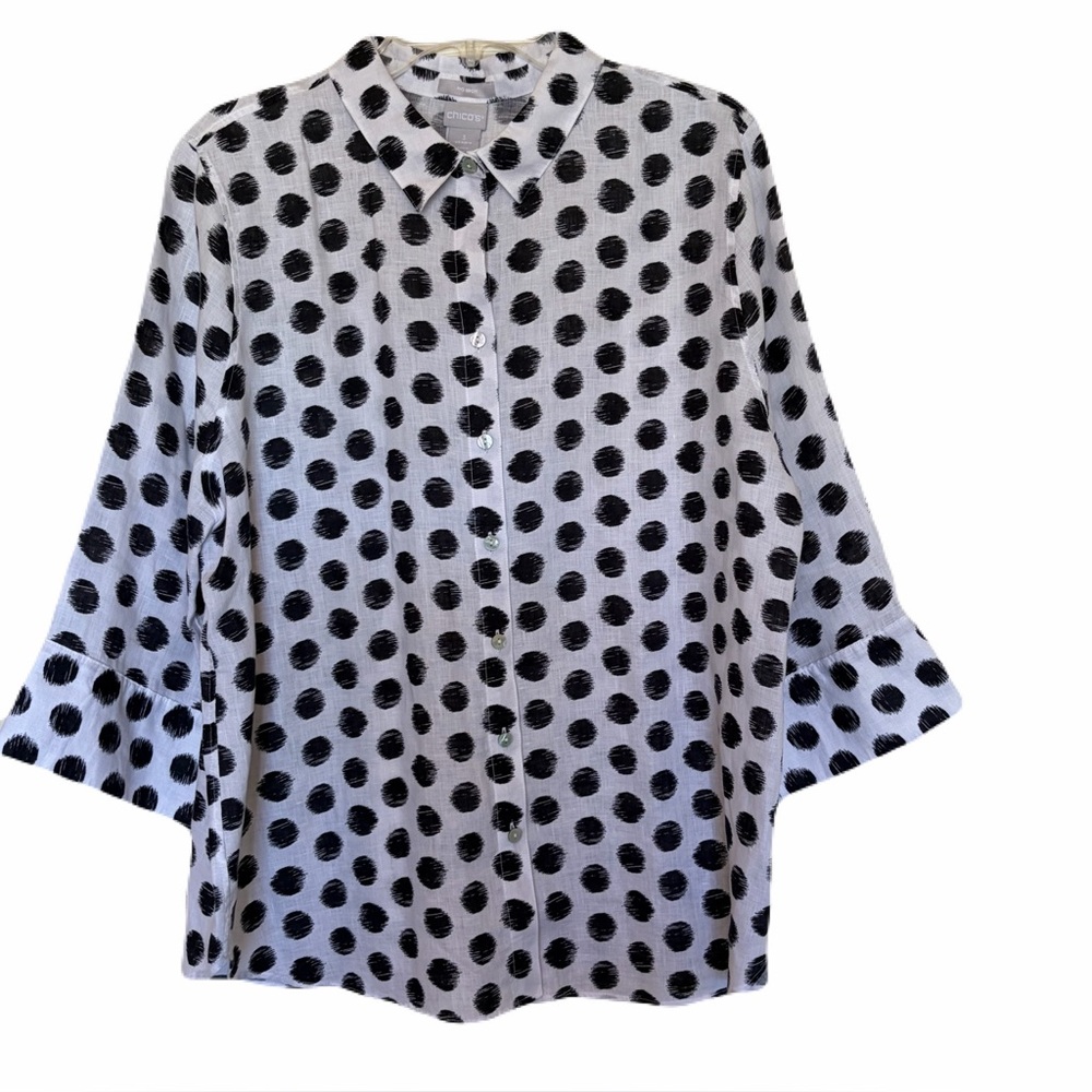 Chico’s No-Iron Linen Tunic Top Black and White Polka Dot Chico’s 3 / US 16